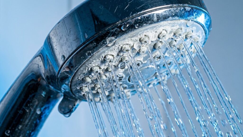 Close-up of a shower head with hard water mineral scale buildup