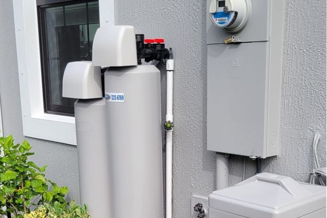 Installed water softener system on a Florida home exterior